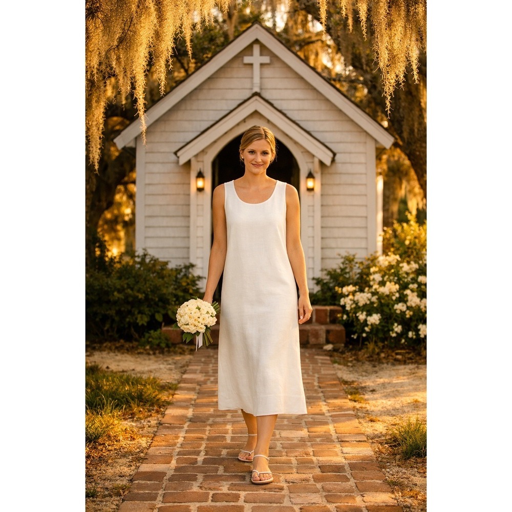 Winter White Linen Blend Sleeveless‎ Scoop Neck Bridal CBK Minimalist Midi Dress